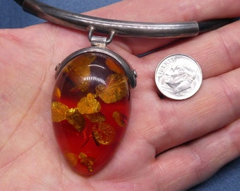 Unique Vintage Sterling Silver and Dark Honey Resin Gold Foil Statement Necklace, 16"