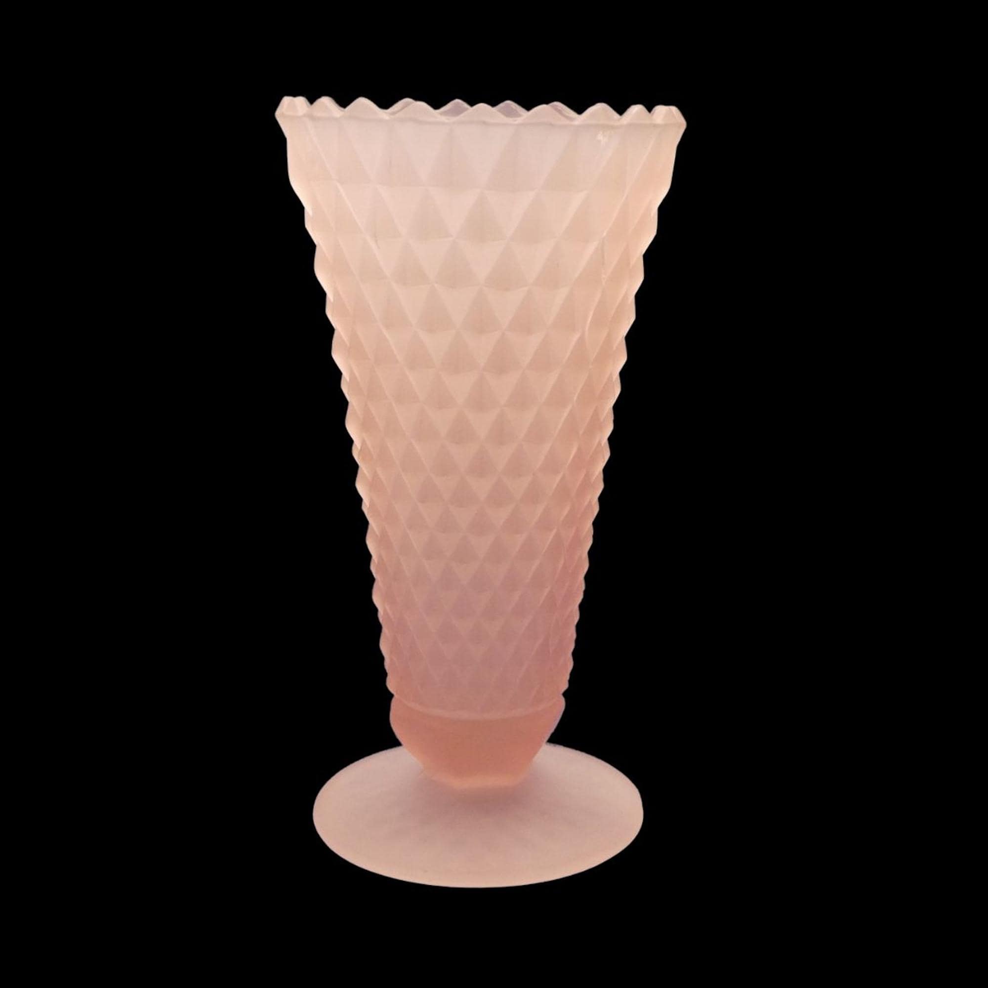 Vintage Frosted Pink Diamond Point 8” Fluted Vase by Indiana Glass, 1965 -1980
