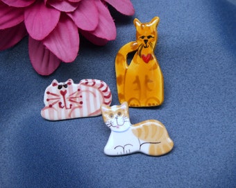 Set of Three Vintage Ceramic Cat Brooches / Pins