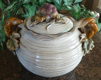 Large Rustic Vintage Studio Art Pottery Lidded Tureen with Grapes, Leaves and Vines