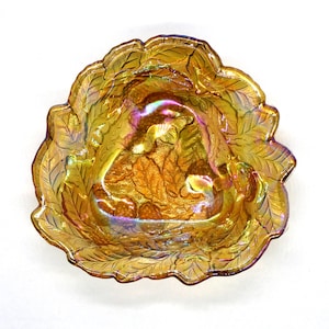 Vintage Loganberry Iridescent Amber Carnival Glass 7” Bonbon Bowl by Indiana Glass