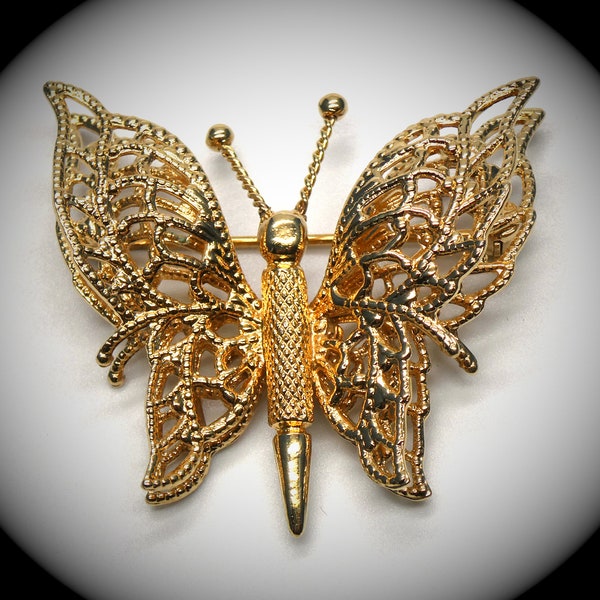 Classic Monet Golden Milgrain Filigree 3D Butterfly Brooch, Style #1875