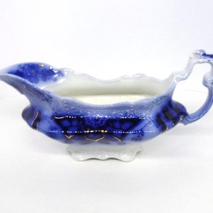 Antique Johnson Brothers FLOW BLUE Gravy Boat with Gold Accents, Florida Pattern, 1890s