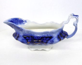 Antique Johnson Brothers FLOW BLUE Gravy Boat with Gold Accents, Florida Pattern, 1890s