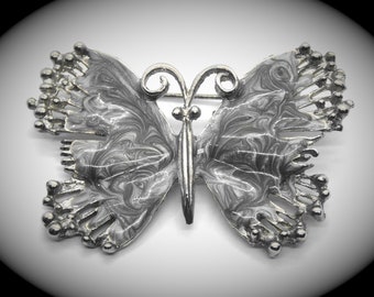 Unique Vintage Silver and Grey Swirled Enamel Butterfly Brooch