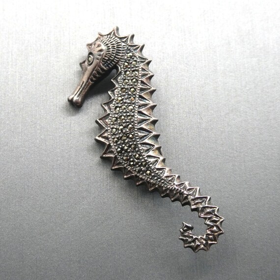 Vintage Sterling Silver and Marcasite Seahorse Bro