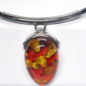 Unique Vintage Sterling Silver and  Dark Honey Resin Gold Foil Statement Necklace, 16&quot;