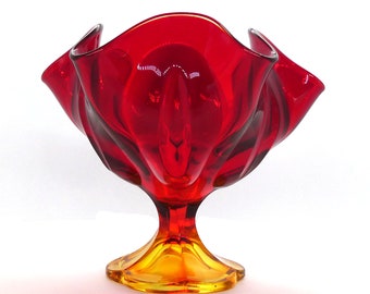 Vintage Ruby Red Flame Amberina Art Glass Six-Petal Pedestal Bowl by L.E. Smith Glass Co.