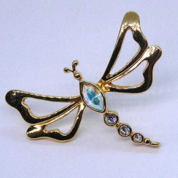 Avon Nature’s Garden Golden Crystal Dragonfly Lapel Pin, 1990s