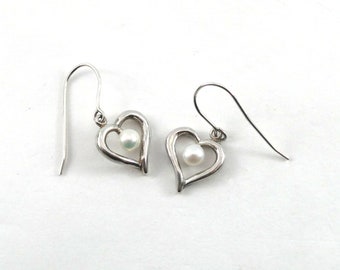 Lovely Vintage Signed Sterling Silver Open Heart Dangle Earrings with Cultured Pearl Accents, 1990s