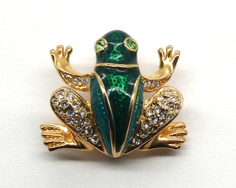 Vintage Designer Green Enamel Pave Rhinestone Frog Brooch by Roman