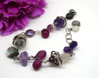 Unique Vintage Sterling Silver “Pretty Purples” Multi Crystal Bead 8-1/2” Bracelet