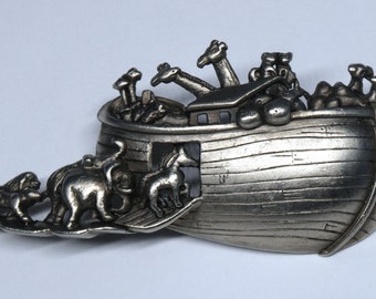 Vintage Pewter Noah’s Ark Brooch, Signed A.J.C.