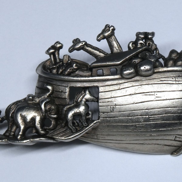 Vintage Pewter Noah’s Ark Brooch, Signed A.J.C.