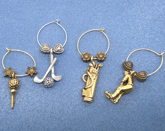 Vintage Golf Lover Mixed Metal Wine Glass Charms, Set of Four