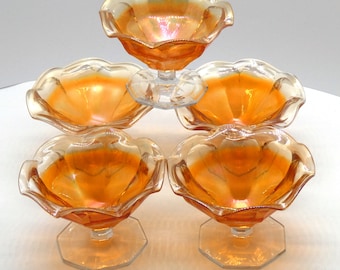 Vintage Marigold Carnival Glass Stemmed Ruffle-Topped Sherbet Dishes, Set of Five
