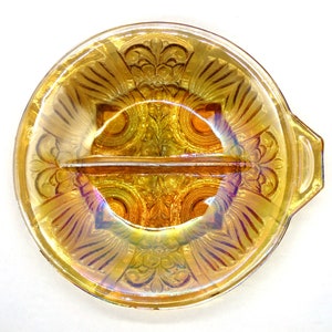 Fiery Marigold Carnival Glass Divided Relish Dish KILLARNEY by Indiana Glass
