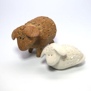 Set of Two Vintage Signed Clay Sheep Figurines