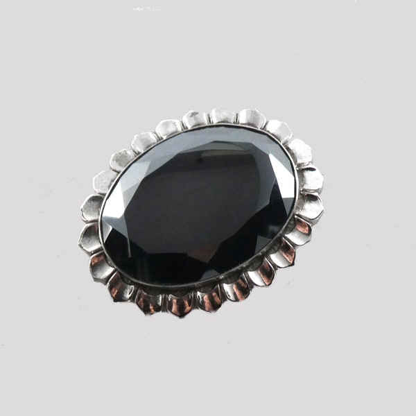 Vintage Victorian Revival Hematite Sterling Silver Oval Brooch by L.S. Peterson Company, 1939 - 1975