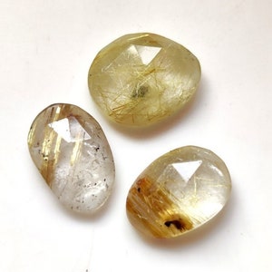 NATURAL GOLDEN RUTILE Gemstone 3Pcs Lot 12.60Ct Great Quality Rutile Quartz Gemstone Rose Cut Faceted Flat Back Quartz Jewelry Making