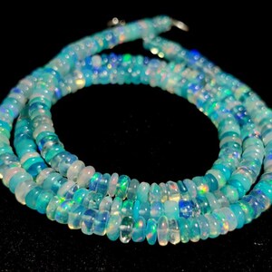 NATURAL THIOPIAN OPAL Gemstone Cabochon Beaded Necklace 48Ct Electric Welo Fire Blue Opal Rondelle Beads Necklace 1LIne Strand For Women