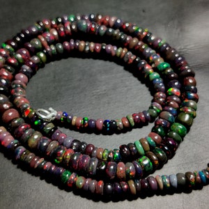 NATURAL ETHIOPIAN OPAL Gemstone Beaded Necklace 41Ct Electric Fire Black Opal Cabochon Beads Necklace For Women 1Line Strand Opal Jewellery