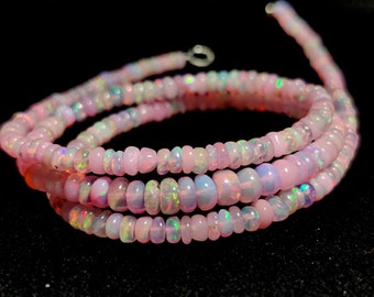 NATURAL ETHIOPIAN OPAL Gemstone Beaded Necklace 36Ct Electric Fire Pink Opal Cabochon Beads Necklace 1Line Strand 18Inches Length Jewellery