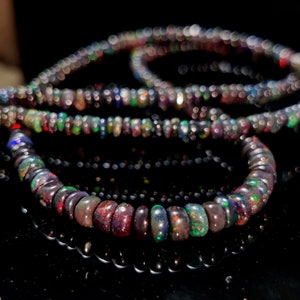 NATURAL ETHIOPIAN OPAL Beads Necklace Gemstone 33Ct Welo Fire Black Opal Cabochon Rondelle Beads 1Line Strand 18Inches Length Opal Necklace