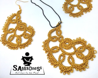 Hand Tatted Gold Lace On Black Chain Set, Necklace and Earrings, Luxurious Frivolite