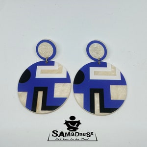 Handcrafted Earrings Blue, White, & Black Plexiglass,