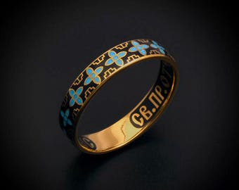 prayer to St. Sergius Orthodox 925 silver + 24K gold ring Greece Romanian Byzantine unisex blue\black