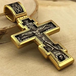 the Crucifixion of Christ Christian Orthodox big cross prayer necklace pendant silver 925 + Gold 24K Greece Byzantine Greece