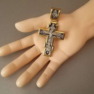 Big author&#39;s Crucifixion of Jesus Christ cross Christian Orthodox necklace pendant silver 925 + Gold 24K Greece Byzantine Greece Romanian