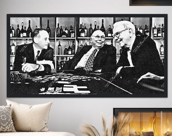 Warren Buffet jugando al póquer con Benjamin Graham y Charlie Munger. Lienzo o archivo digital. Mercado de Valores, Wall Street, Regalos Financieros.