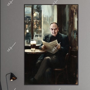 May include: A painting of a man sitting in a chair at a table in a cafe, reading a newspaper titled "Financial Times". He is wearing a dark suit and tie, and has a glass of beer in front of him. The painting is done in a realistic style, with a focus on the man's face and the newspaper.