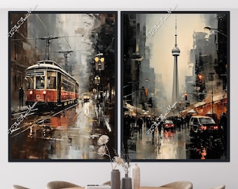 Toronto Ontario Canada CN Tower, Street Car, Downtown, Cityscape Oil Painting Style. Canvas or Digital Print.