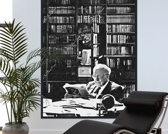 Warren Buffet beim Lesen in seiner Bibliothek. Leinwand oder digitale Datei. Börse, Wall Street, Handelsinvestitionen, Finanzierungsgeschenke.