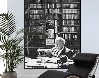 Warren Buffett leyendo en su biblioteca. Lienzo o archivo digital. Mercado de valores, Wall Street, inversiones comerciales, obsequios financieros.