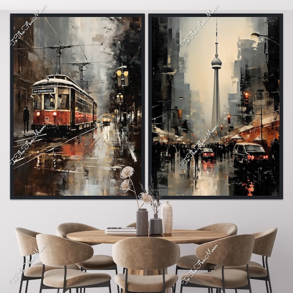 Toronto Ontario Canada Tour CN, tramway, centre-ville, style de peinture à l'huile de paysage urbain. Toile ou impression numérique.