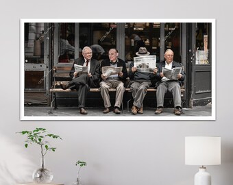 Warren Buffet, Benjamin Graham & Charlie Munger reading a newspaper. Canvas or Digital File. Stock Market, Wall Street, Finance Gifts.