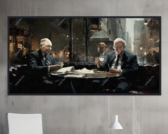 Schilderij van Warren Buffett en Charlie Munger in een café. Canvas of digitaal bestand. Financiën Investeren Beurshandel Geschenken