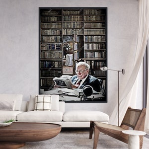 Warren Buffett reading in his Library Canvas. Stock Market, Wall Street, Trader, Finance Gifts. Free Shipping!