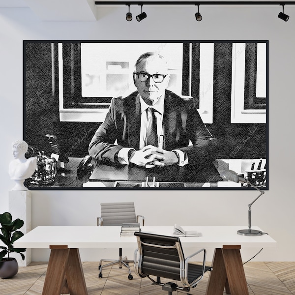 Young Charlie Munger sitting on his desk. Canvas or Digital File. Stock Market, Wall Street, Trading Investment, Finance Gifts.