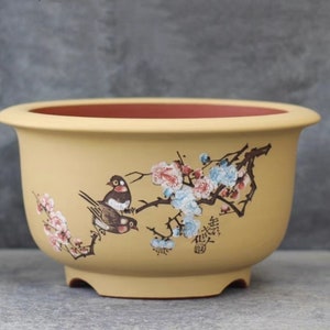 Vintage round bonsai pot Chinese Yixing purple sand flower pot hand-carved flowers and birds calligraphy and painting unglazed  bonsai pot