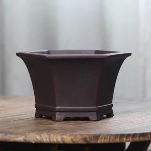 May include: A dark brown hexagonal ceramic planter with a flared lip and a scalloped base.