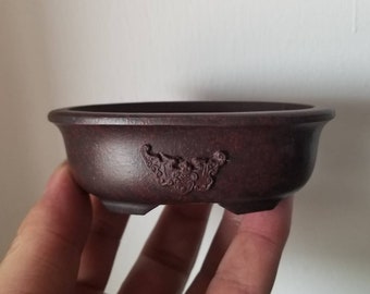 May include: A dark brown ceramic bonsai pot with a decorative design on the side. The pot has a rounded shape and a slightly flared rim.