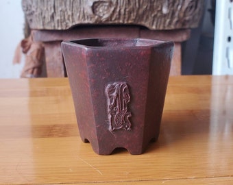 ミニ手作り六角盆栽鉢ヤシスケッチ植木鉢宜興紫砂古代赤レトロ素焼き