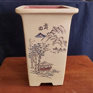 Handmade square sign tube bonsai pot Yixing purple sand flower pot hand-carved retro landscape calligraphy and painting orchid pot