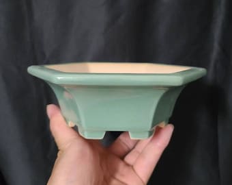 7.3 inch hexagonal shallow bonsai pot Yixing bonsai pot sketch flower pot green glaze light blue glaze bonsai pot green plant bonsai pot