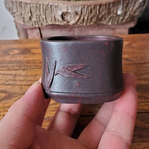 May include: A small, cylindrical, dark purple ceramic pot with a bamboo leaf design carved on the side. The pot has a speckled texture, likely for bonsai or small plants.